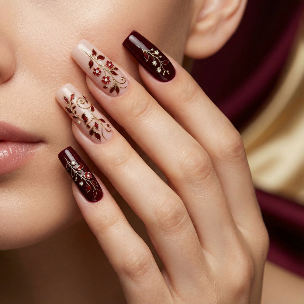 24pcs/Set Burgundy 3D Gold Baroque Scroll Press-On Nails