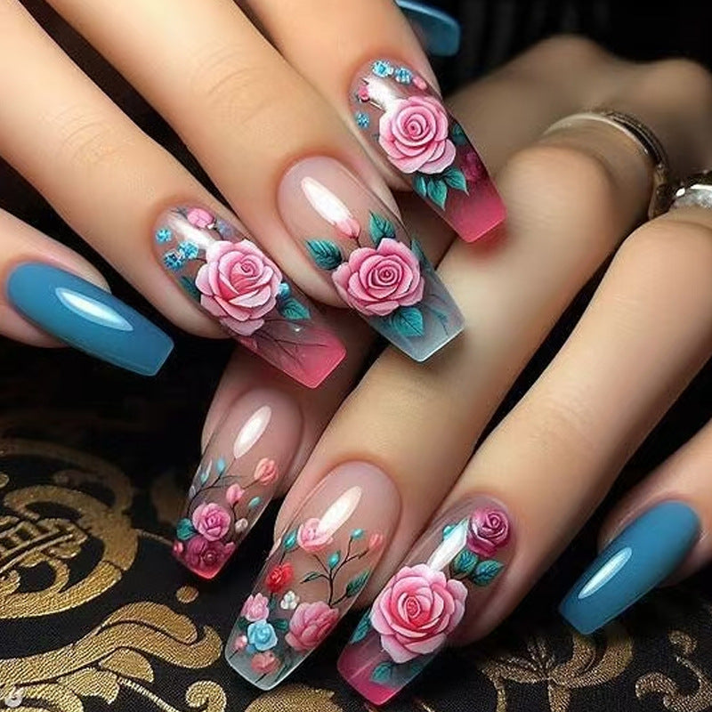 24pcs/Set Blue and Pink Roses Press-On Nails