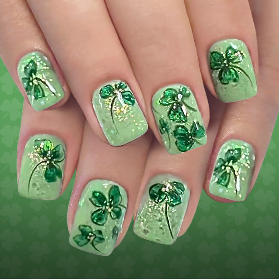 24pcs/Set Light Green Four-Leaf Clover Glitter Short Press On Nails