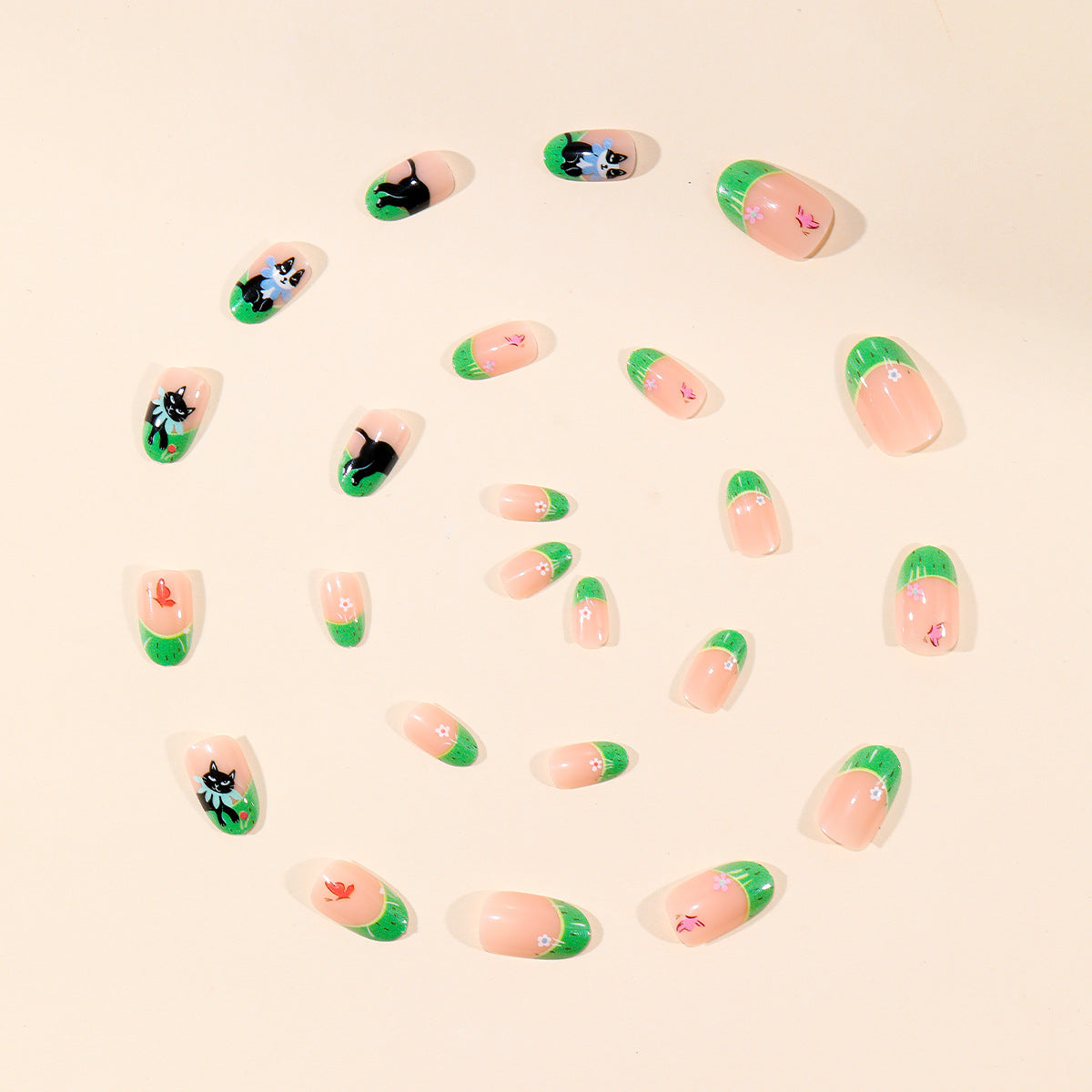 24pcs/Set Green French Cat & Butterfly Press-On Nails