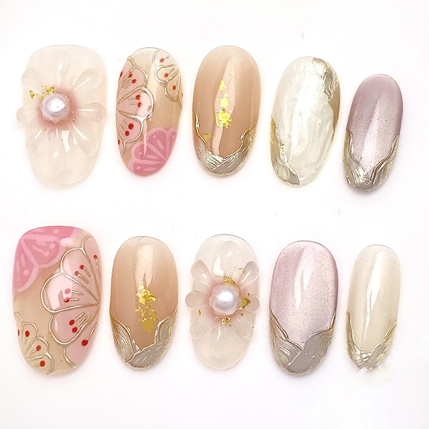(Handmade) 10pcs/Set Mirror Pink 3D Flower Press-On Nails