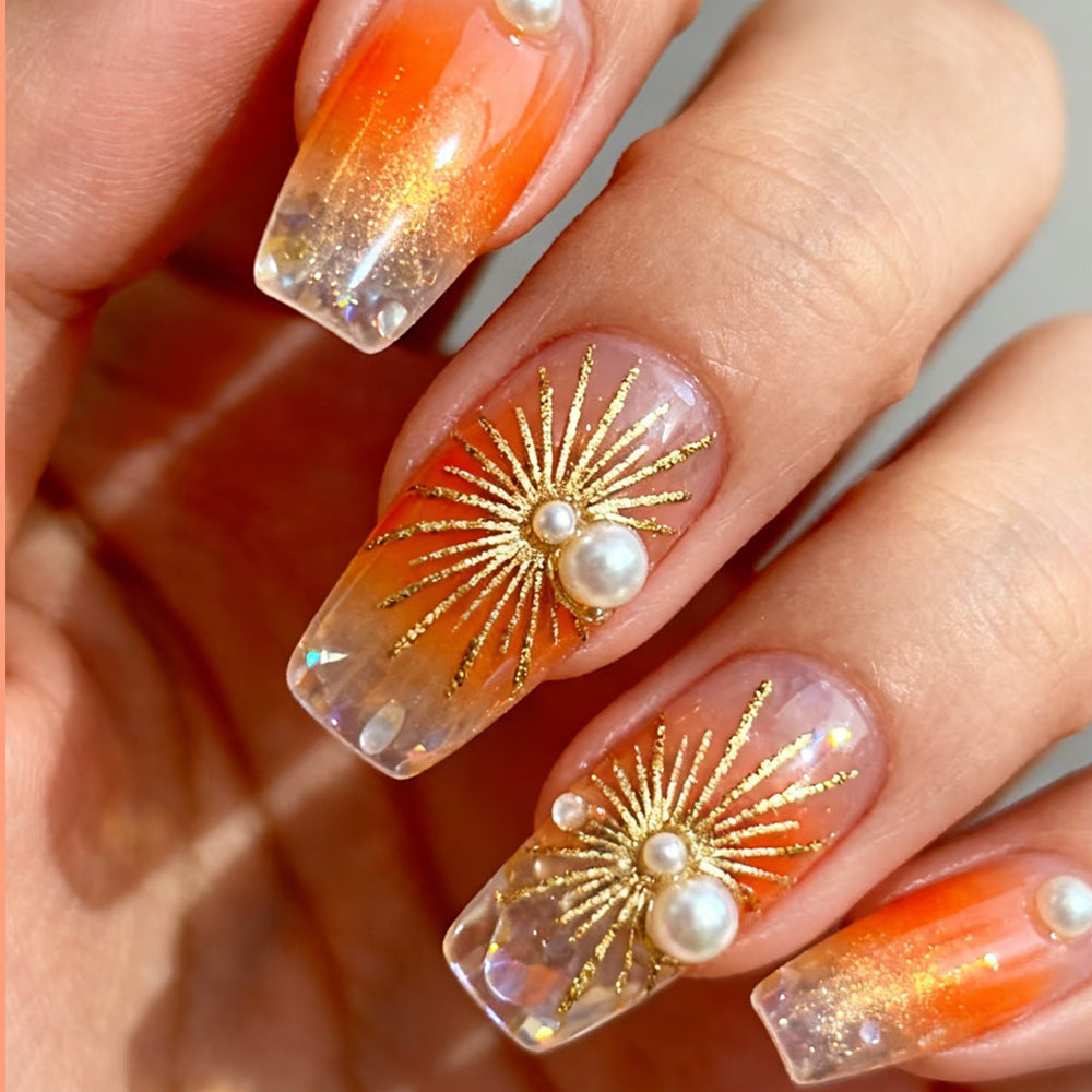 24pcs/Set 3D Gilded Pearl Orange-Gold Fireworks Press-On Nails
