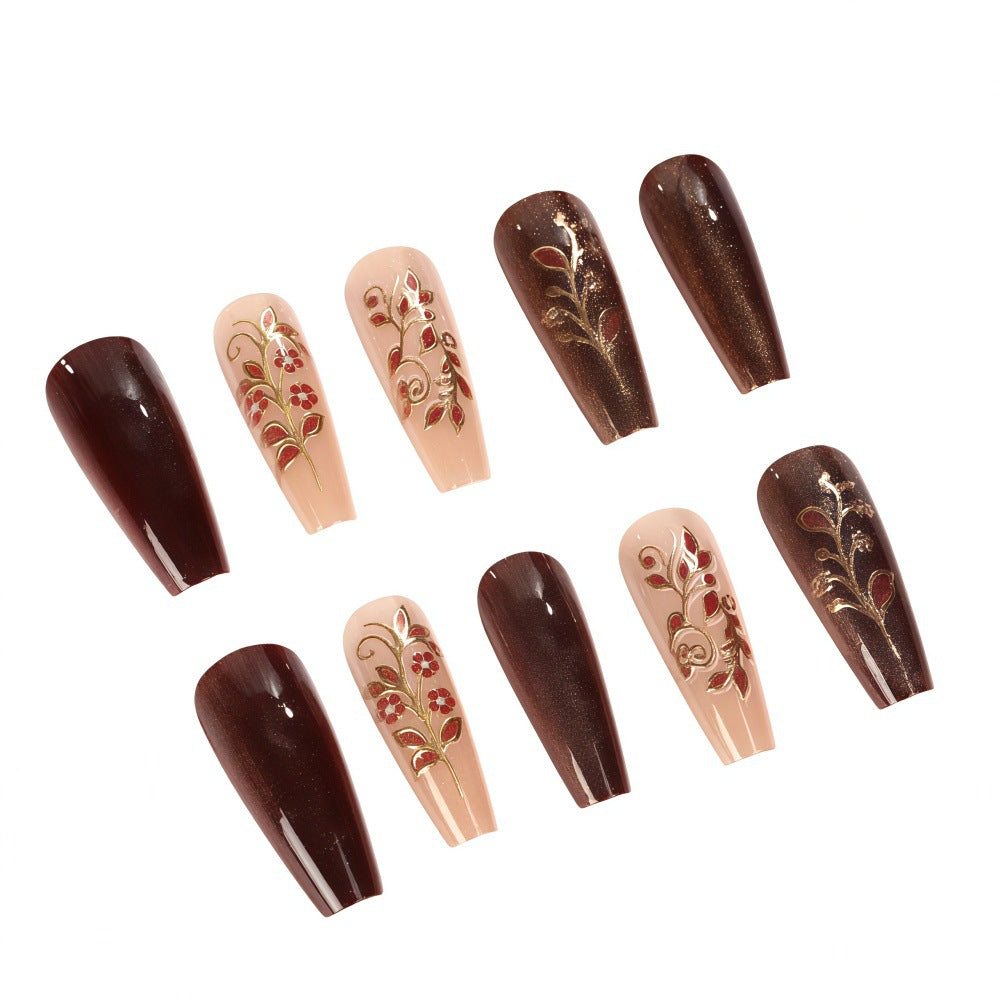 24pcs/Set Burgundy 3D Gold Baroque Scroll Press-On Nails