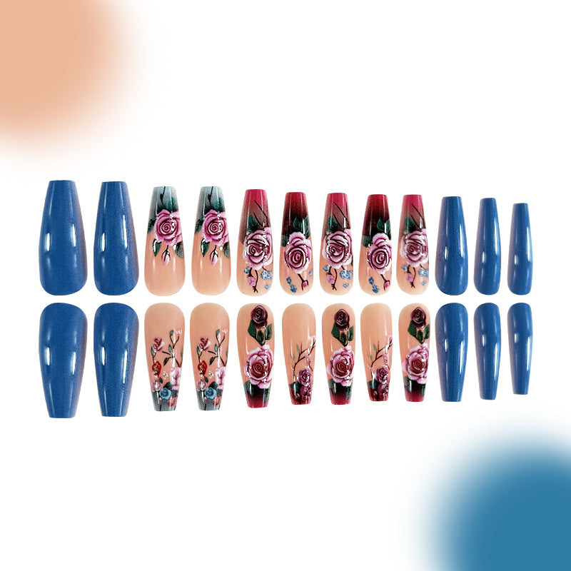 24pcs/Set Blue and Pink Roses Press-On Nails