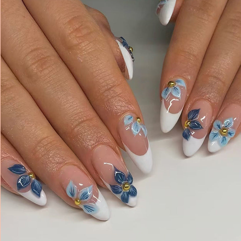 24pcs/Set Icy Blue Lily French Press-On Nails
