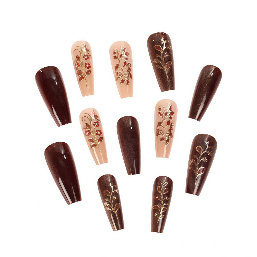 24pcs/Set Burgundy 3D Gold Baroque Scroll Press-On Nails