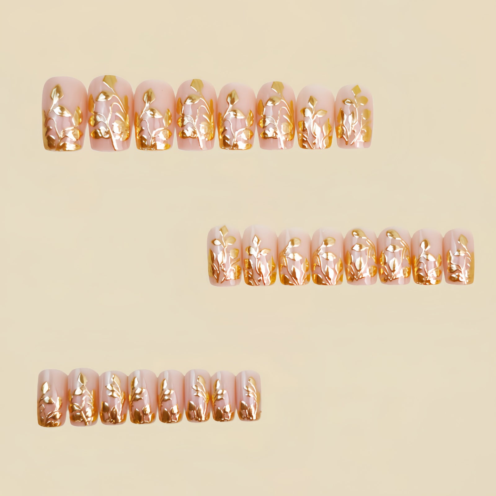 24pcs/Set Gold 3D Embossed Leaves Press-On Nails