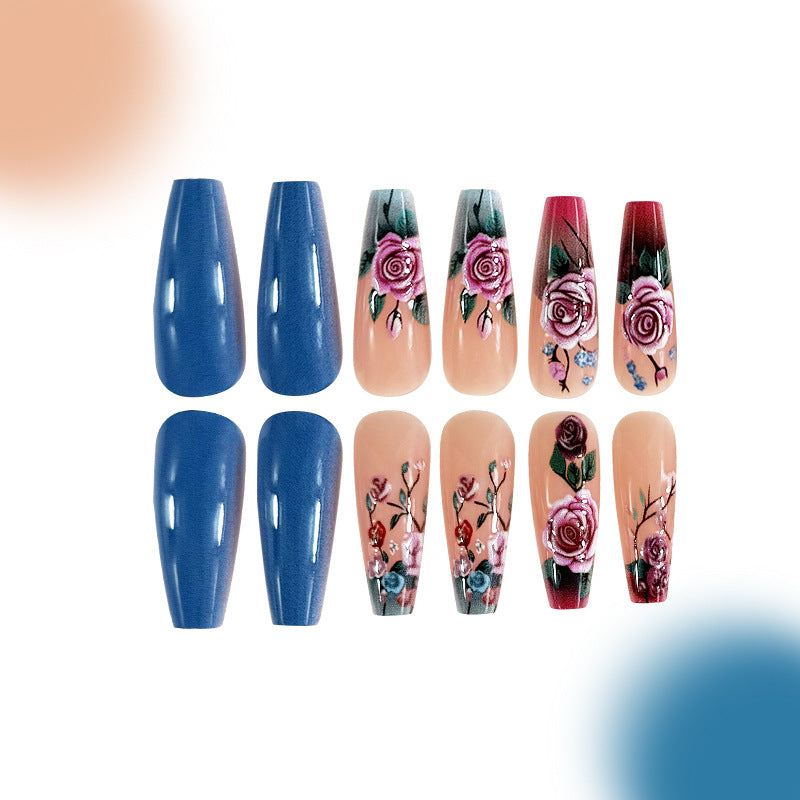 24pcs/Set Blue and Pink Roses Press-On Nails