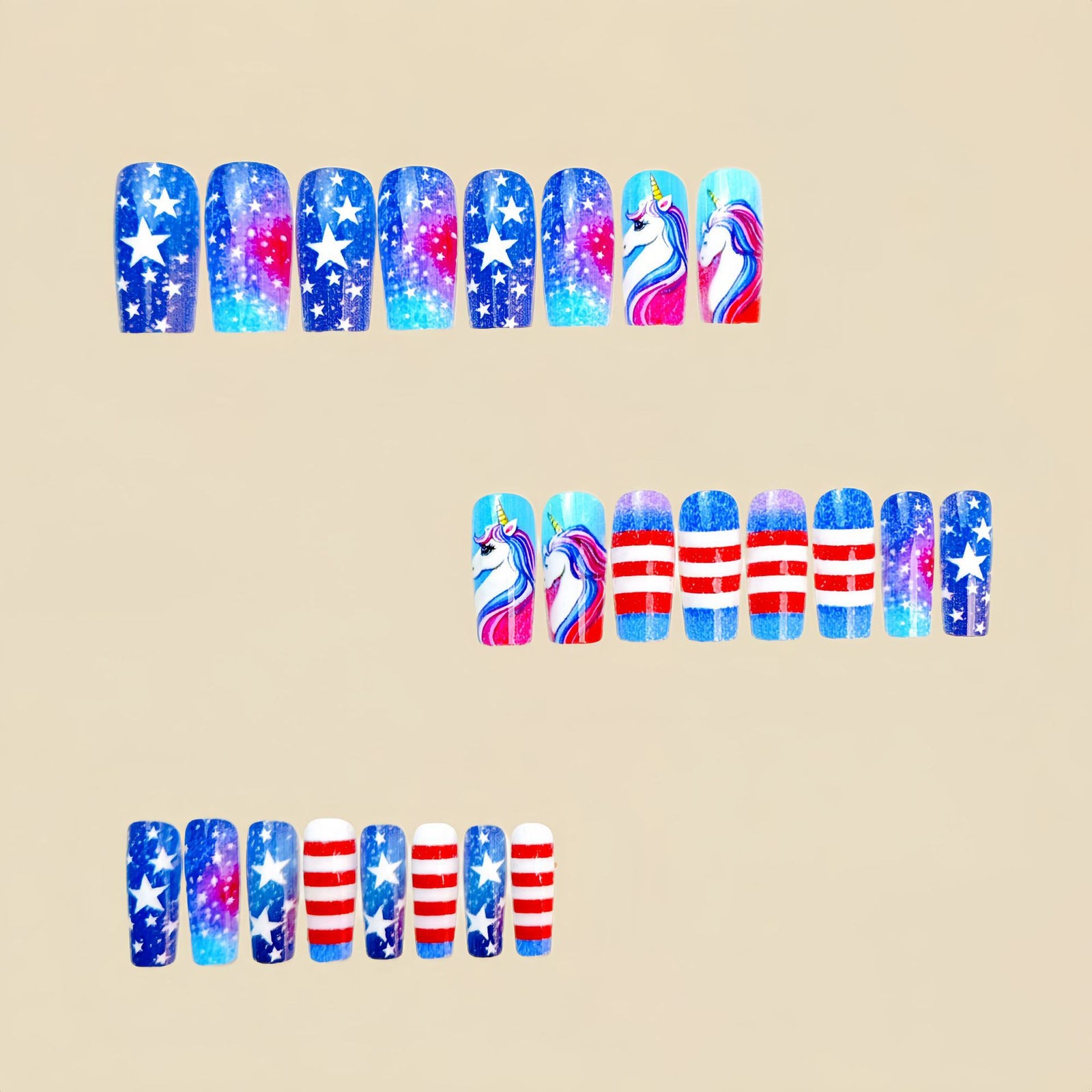 24pcs/Set Independence Day Stars & Stripes Unicorn Press-On Nails