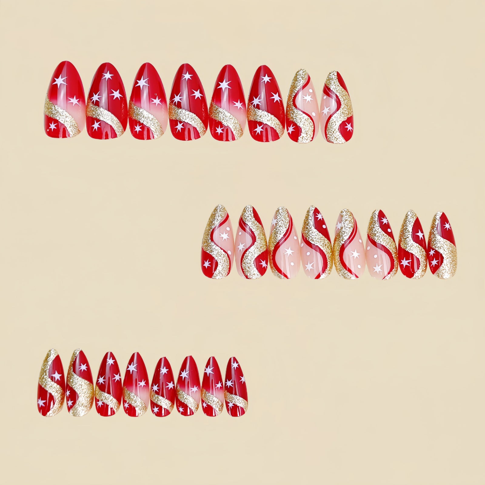 24pcs/Set Gold Foil Red Base Star Press-On Nails