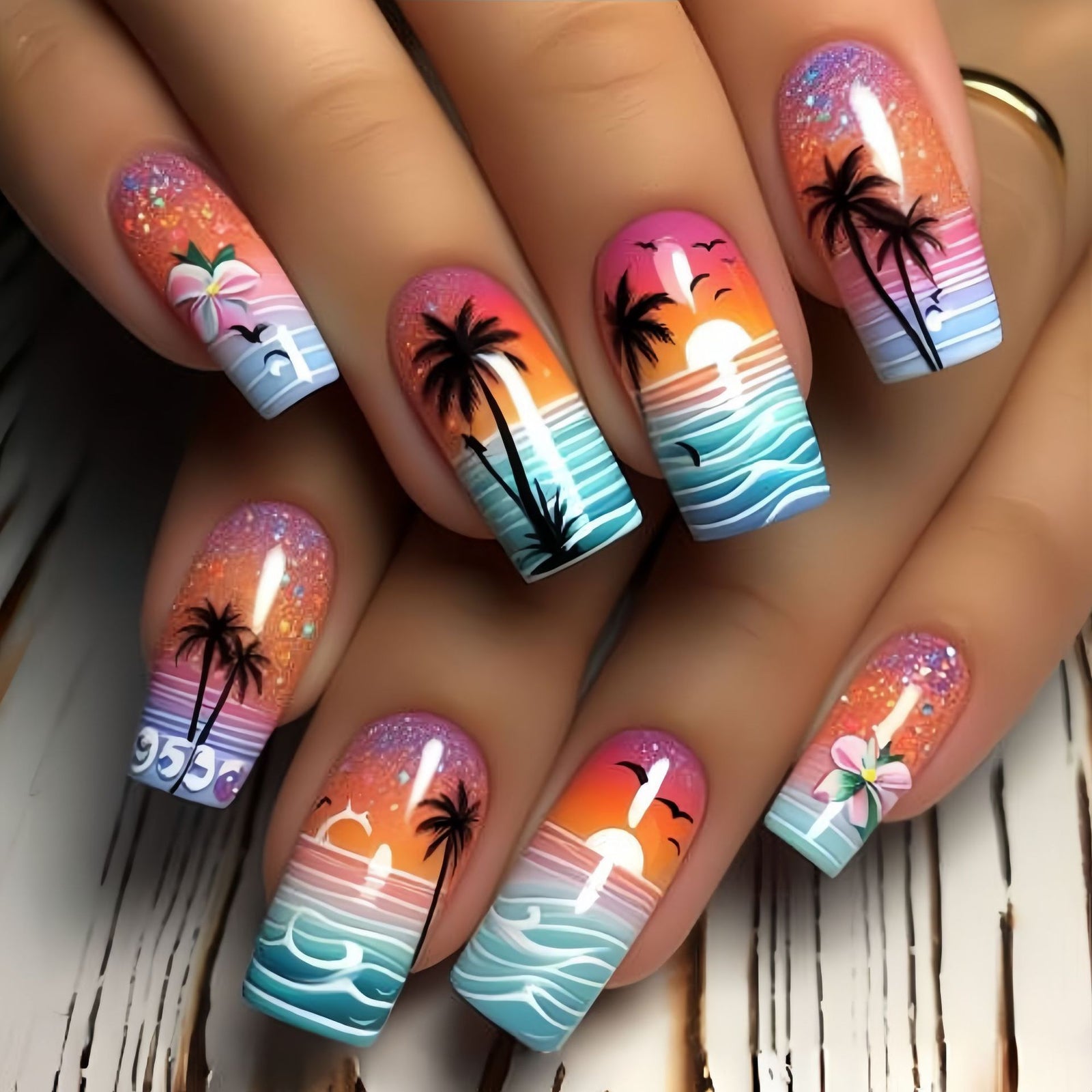 24pcs/Set Coconut Trees Press-On Nails