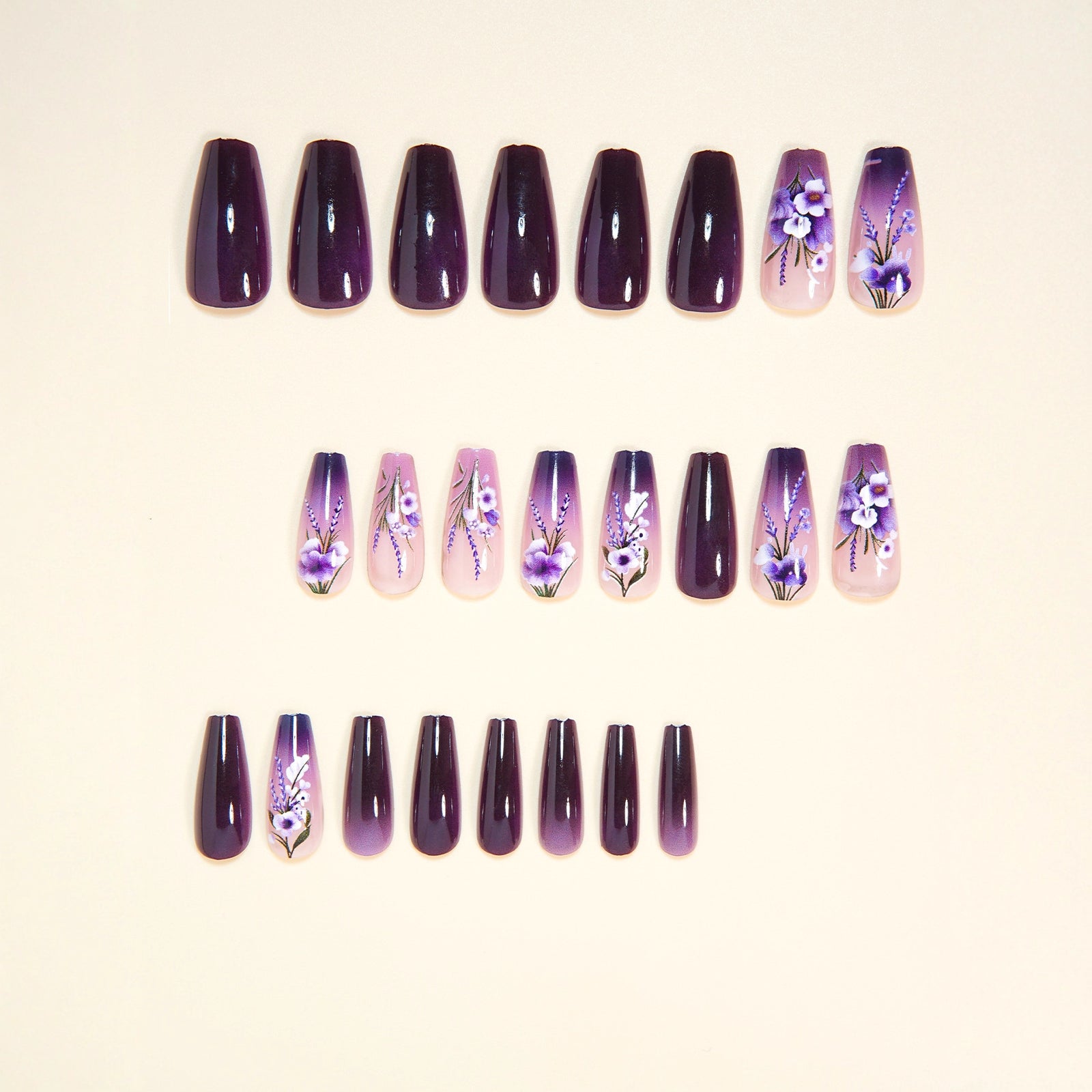 24pcs/Set Purple Gradient Flowers Press-On Nails