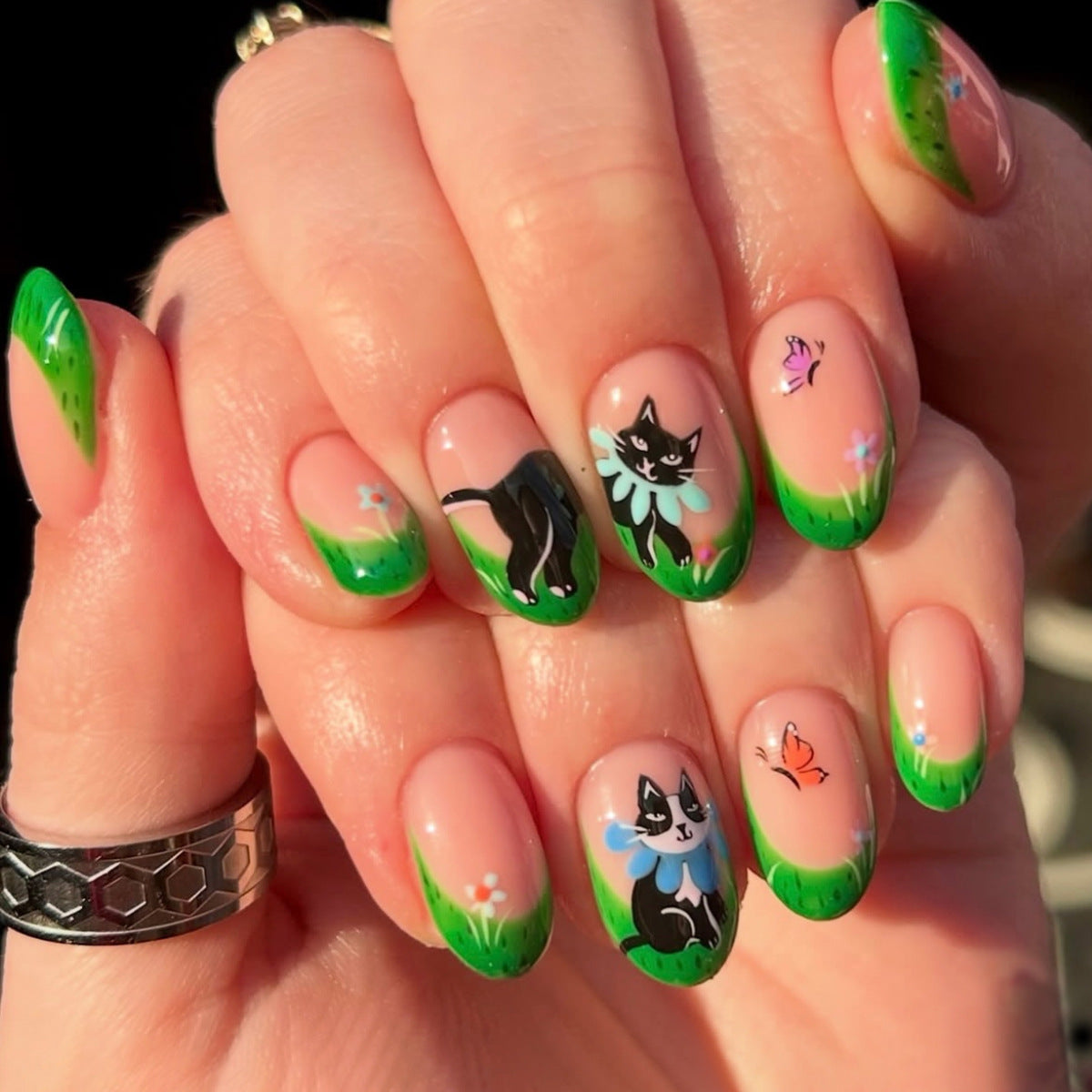 24pcs/Set Green French Cat & Butterfly Press-On Nails