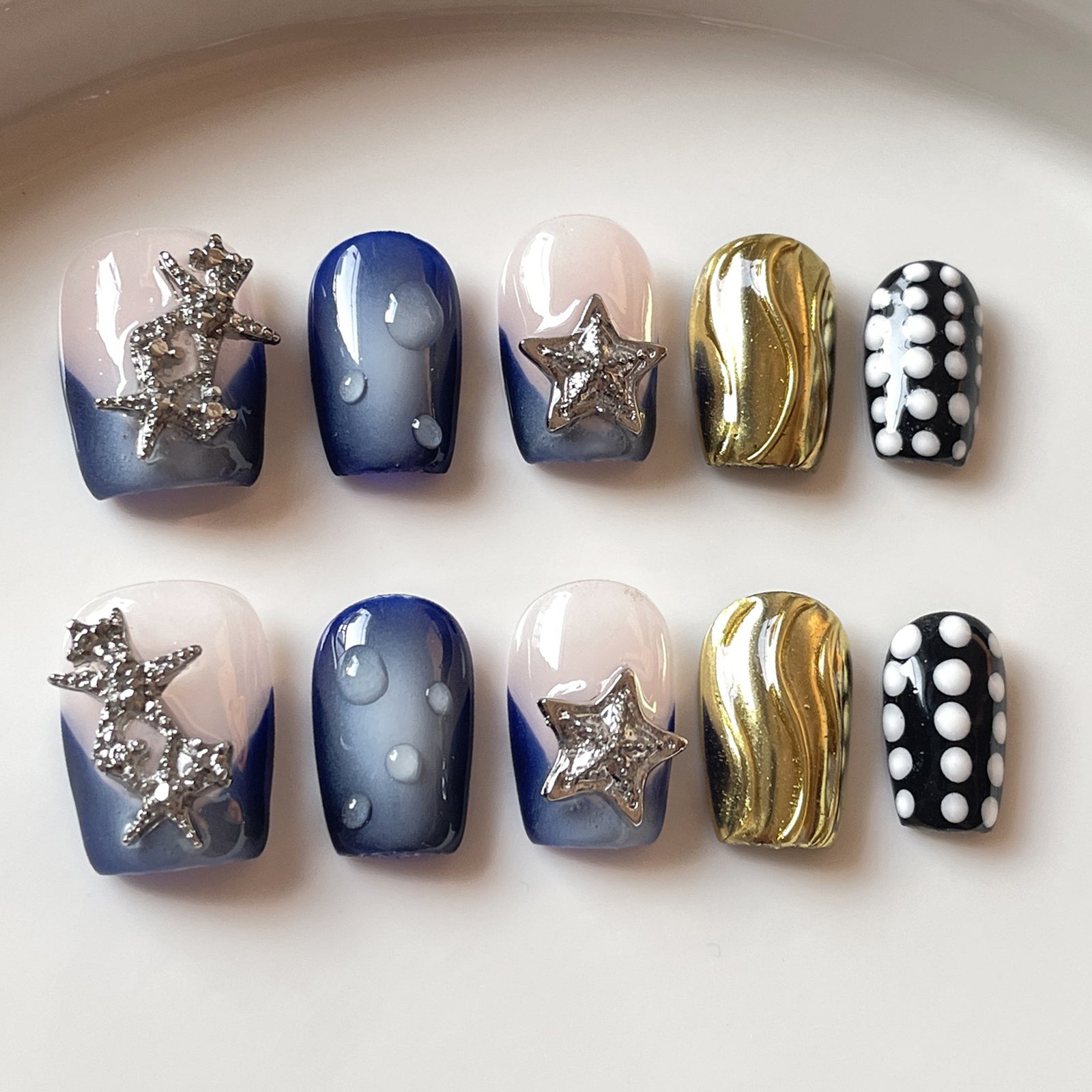 (Handmade) 10pcs/Set Blue 3D Star French Press-On Nails