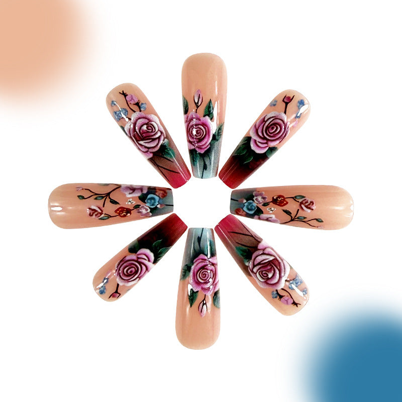 24pcs/Set Blue and Pink Roses Press-On Nails