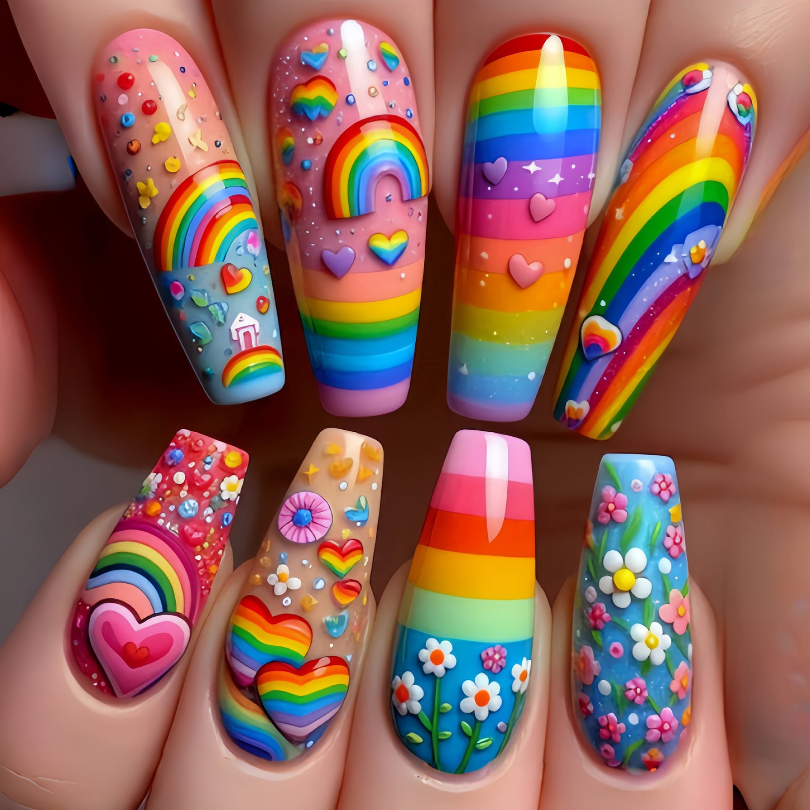 24pcs/Set Rainbow Multicolored Stripes Press-On Nails