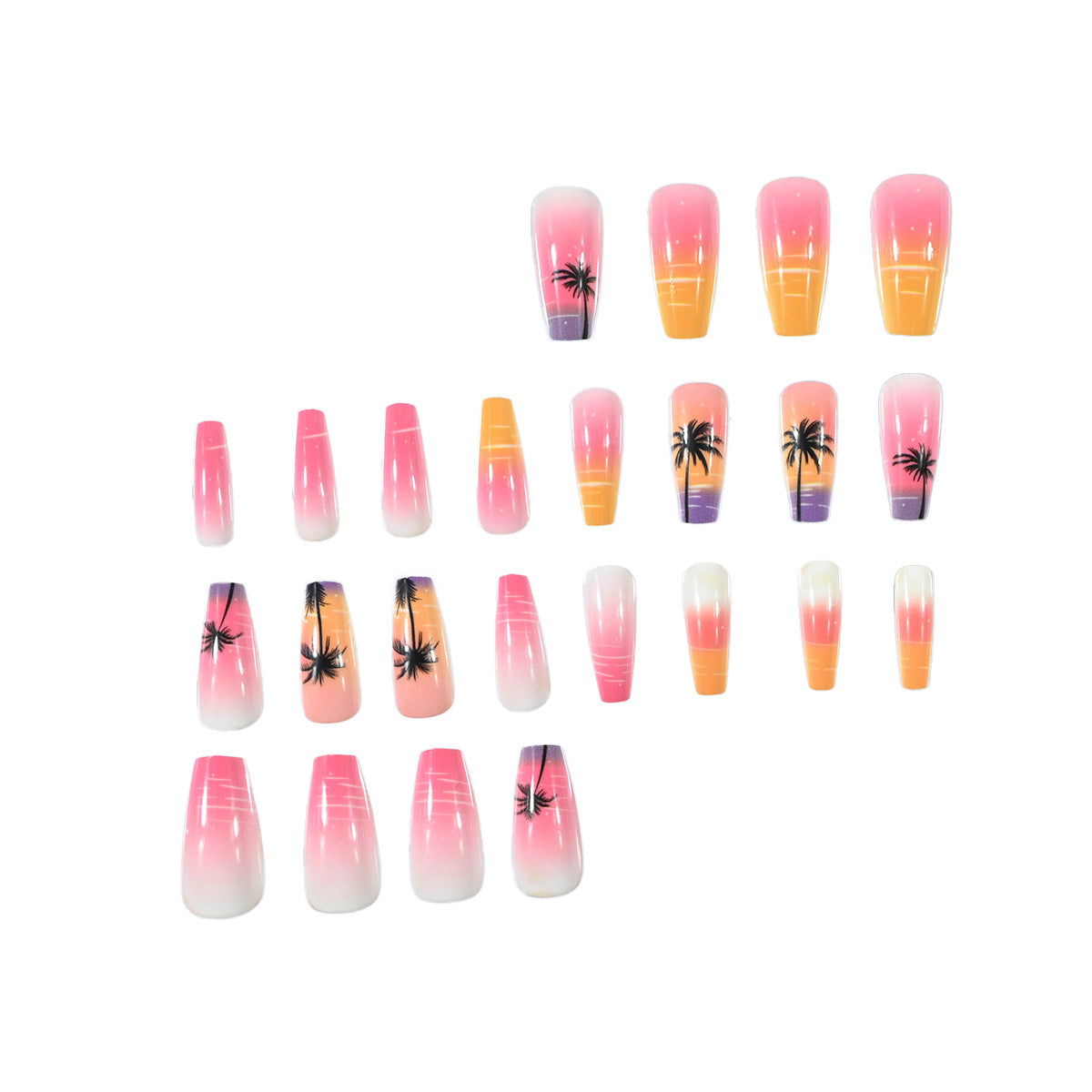24pcs/Set Pink Beach Sunset Coconut Tree Press-On Nails
