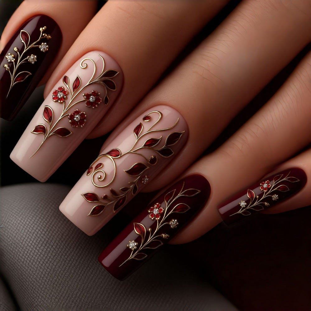 24pcs/Set Burgundy 3D Gold Baroque Scroll Press-On Nails