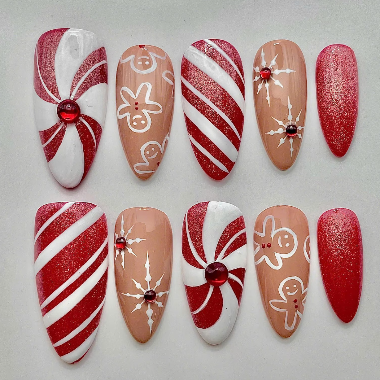 (Handmade) 10pcs/Set Christmas Gingerbread Candy Cane Glitter Press On Nails