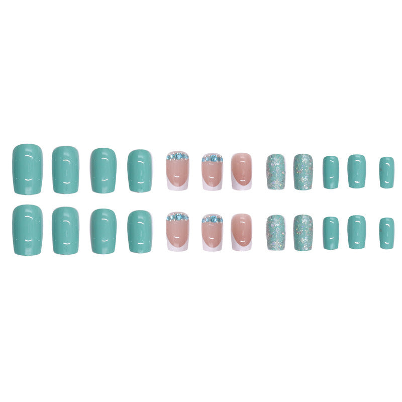 24pcs/Set Blue Minimal French Glitter Press-On Nails