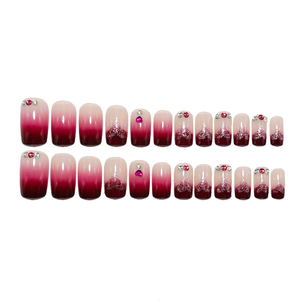 24pcs/Set Burgundy Gradient Heart Press-On Nails