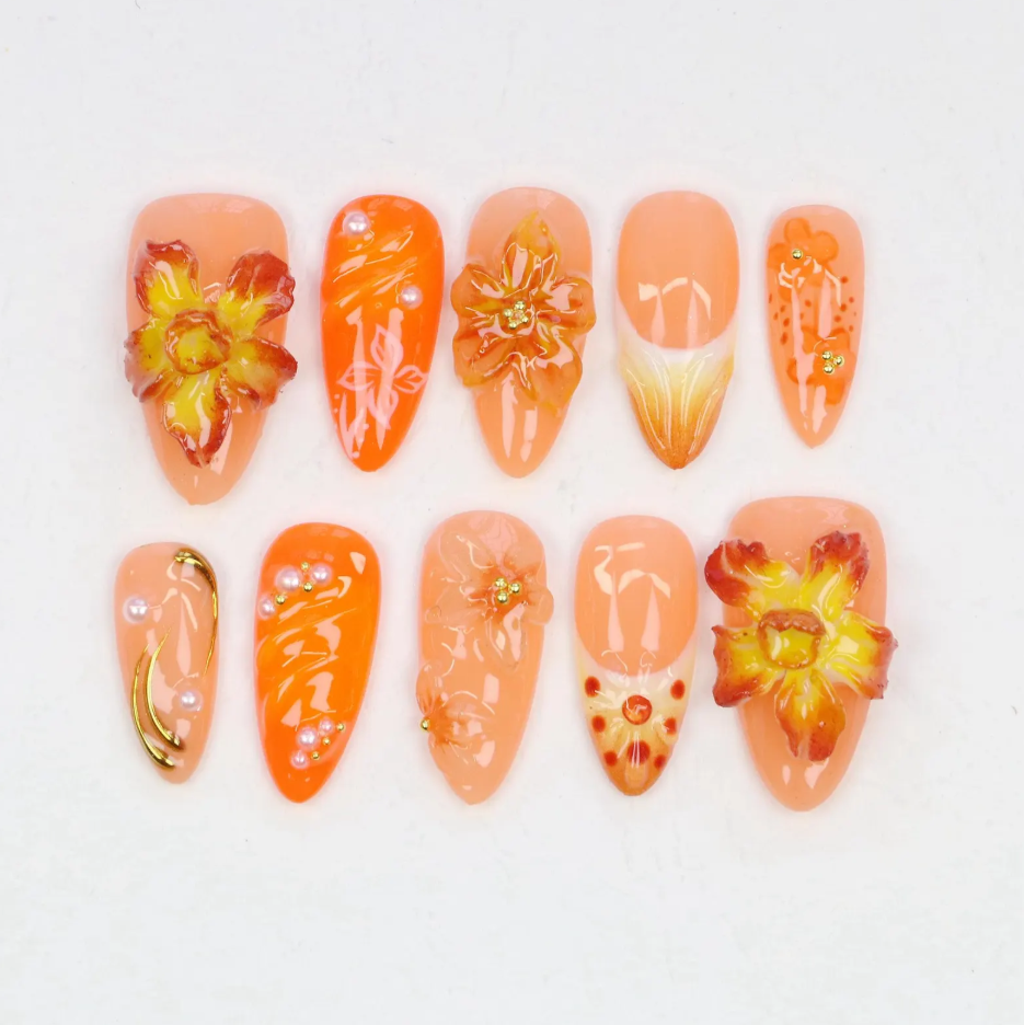(Handmade) 10pcs/Set Orange 3D Floral Press On Nails