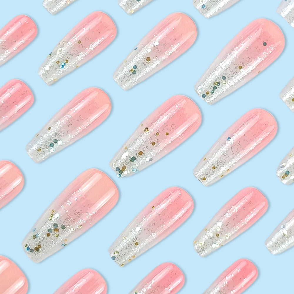 24pcs/Set Pink-White Ombre with Dazzling Shine Press-On Nails