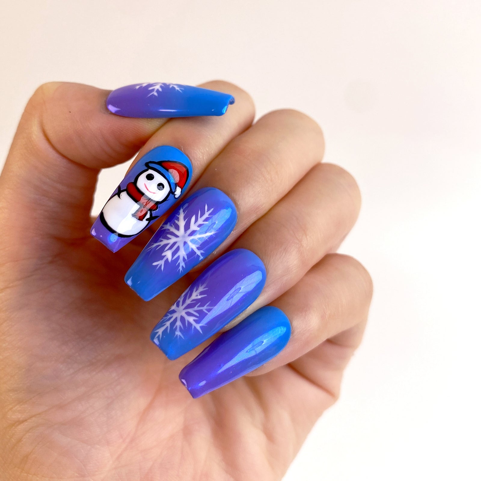 (Handmade) 10pcs/Set Blue & Purple Gradient Snowman Snowflake Press-On Nails