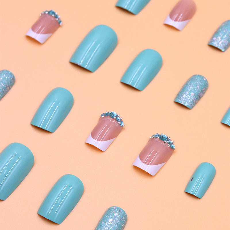 24pcs/Set Blue Minimal French Glitter Press-On Nails