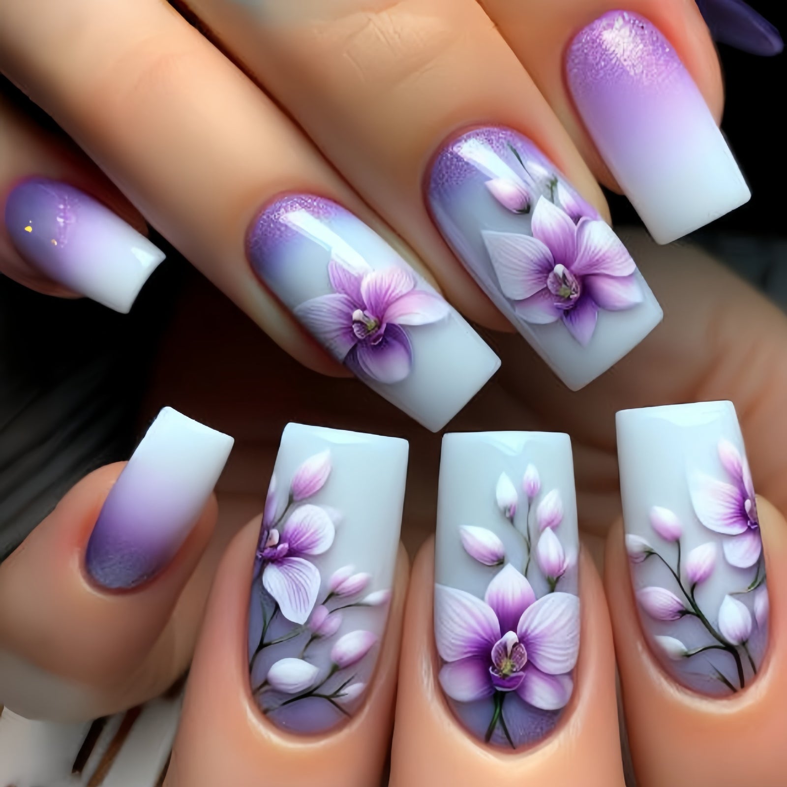 24pcs/Set Purple Floral Press-On Nails