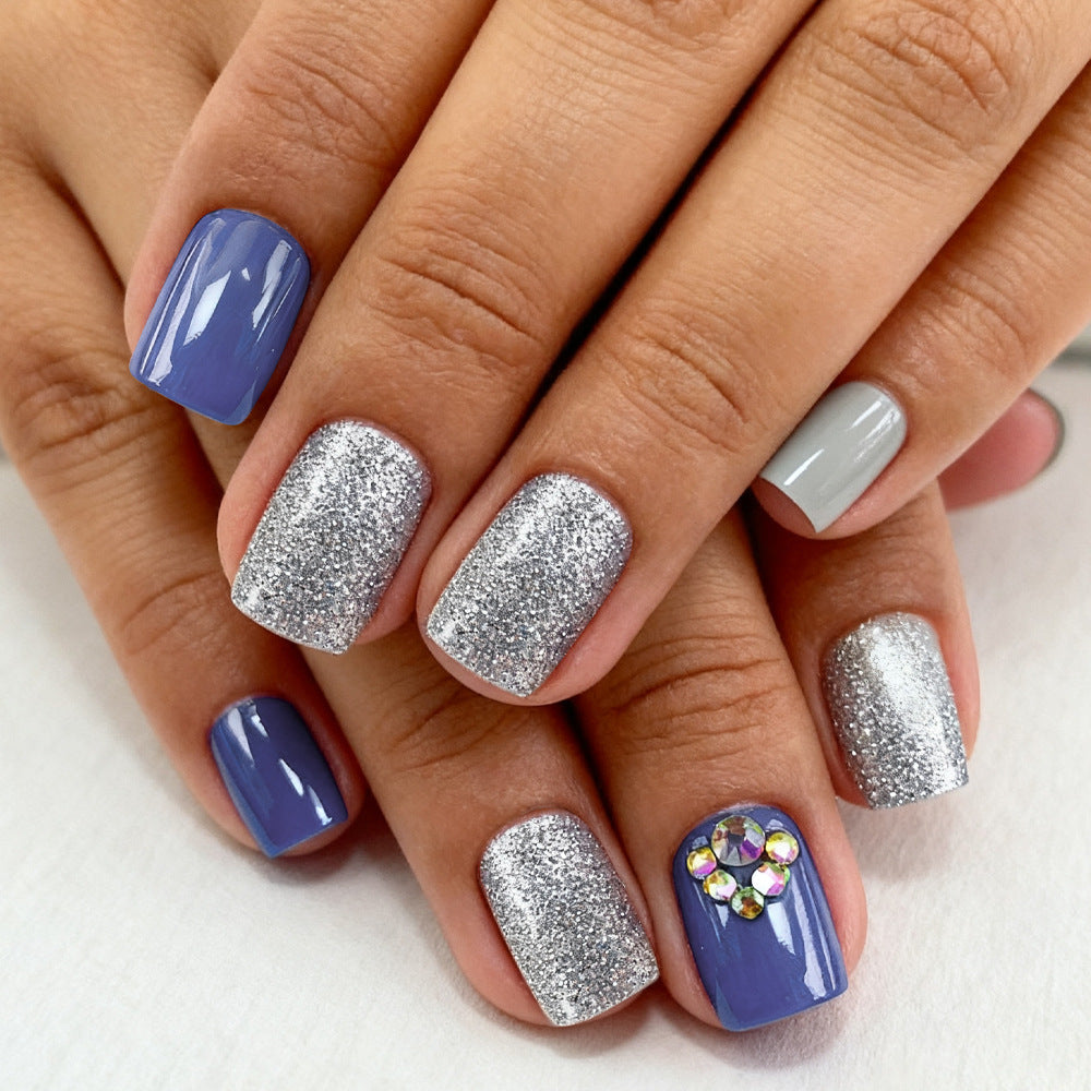 24pcs/Set Blue-Gray Silver Glitter Rhinestone Short Press On Nails