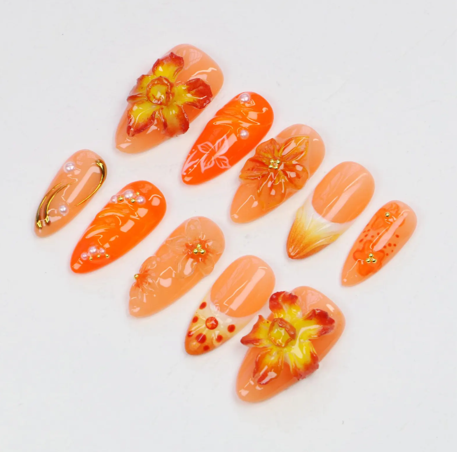 (Handmade) 10pcs/Set Orange 3D Floral Press On Nails