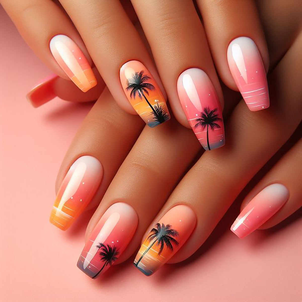 24pcs/Set Pink Beach Sunset Coconut Tree Press-On Nails