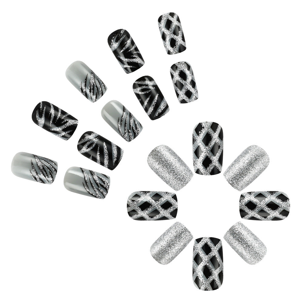 24pcs/Set Silver Glitter Gray-Black Checkerboard Press-On Nails
