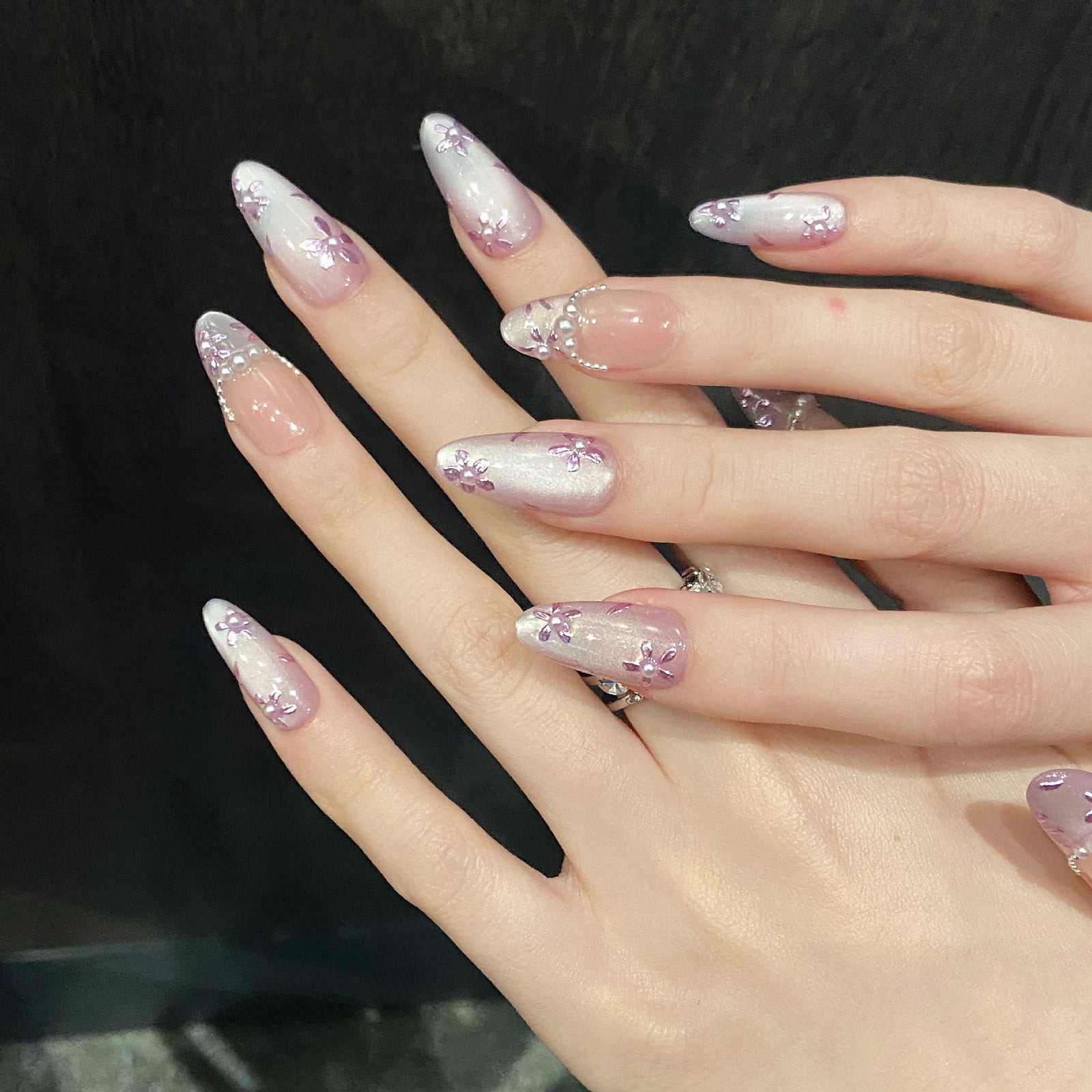 (Handmade) 10pcs/Set Purple Hand-Painted Flower Cat Eye Press-On Nails