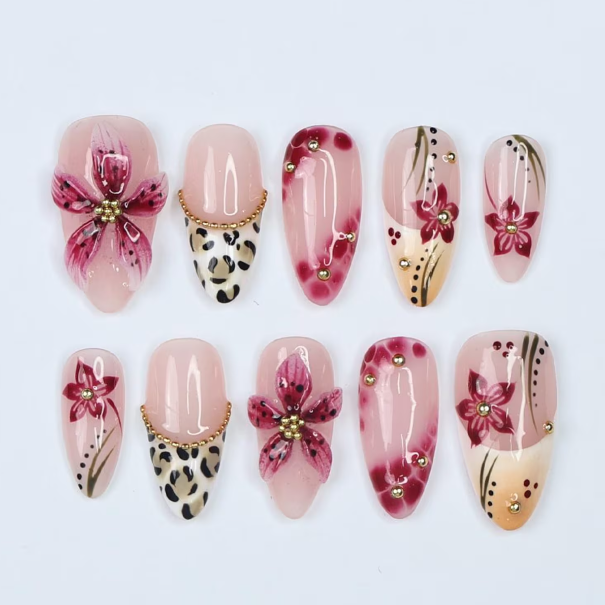 (Handmade) 10pcs/Set Pink Flower Shell Leopard Press-On Nails