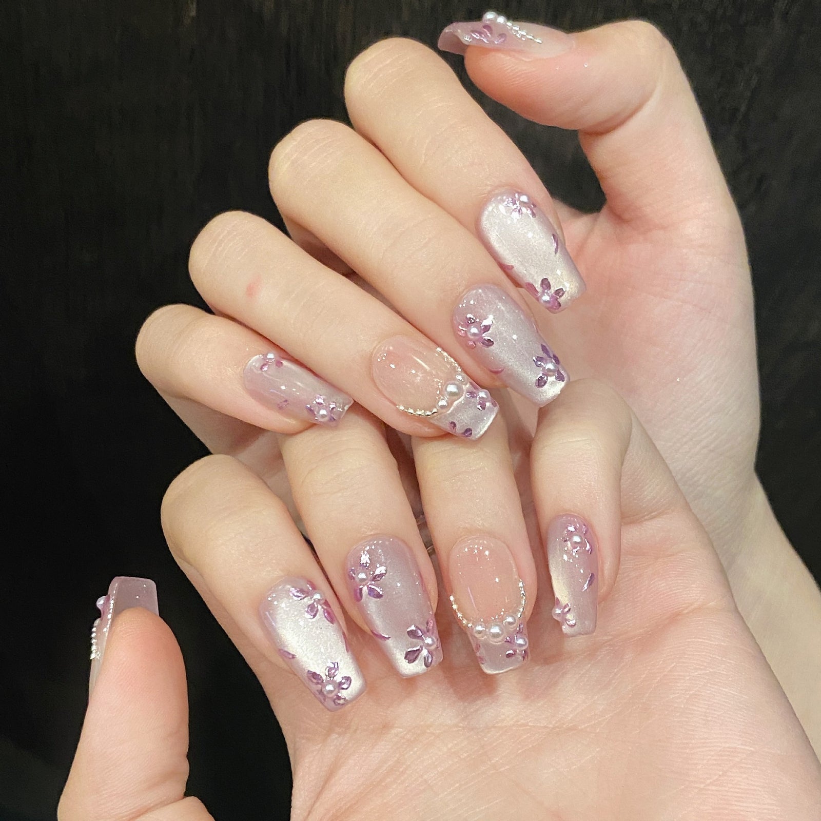 (Handmade) 10pcs/Set Purple Hand-Painted Flower Cat Eye Press-On Nails