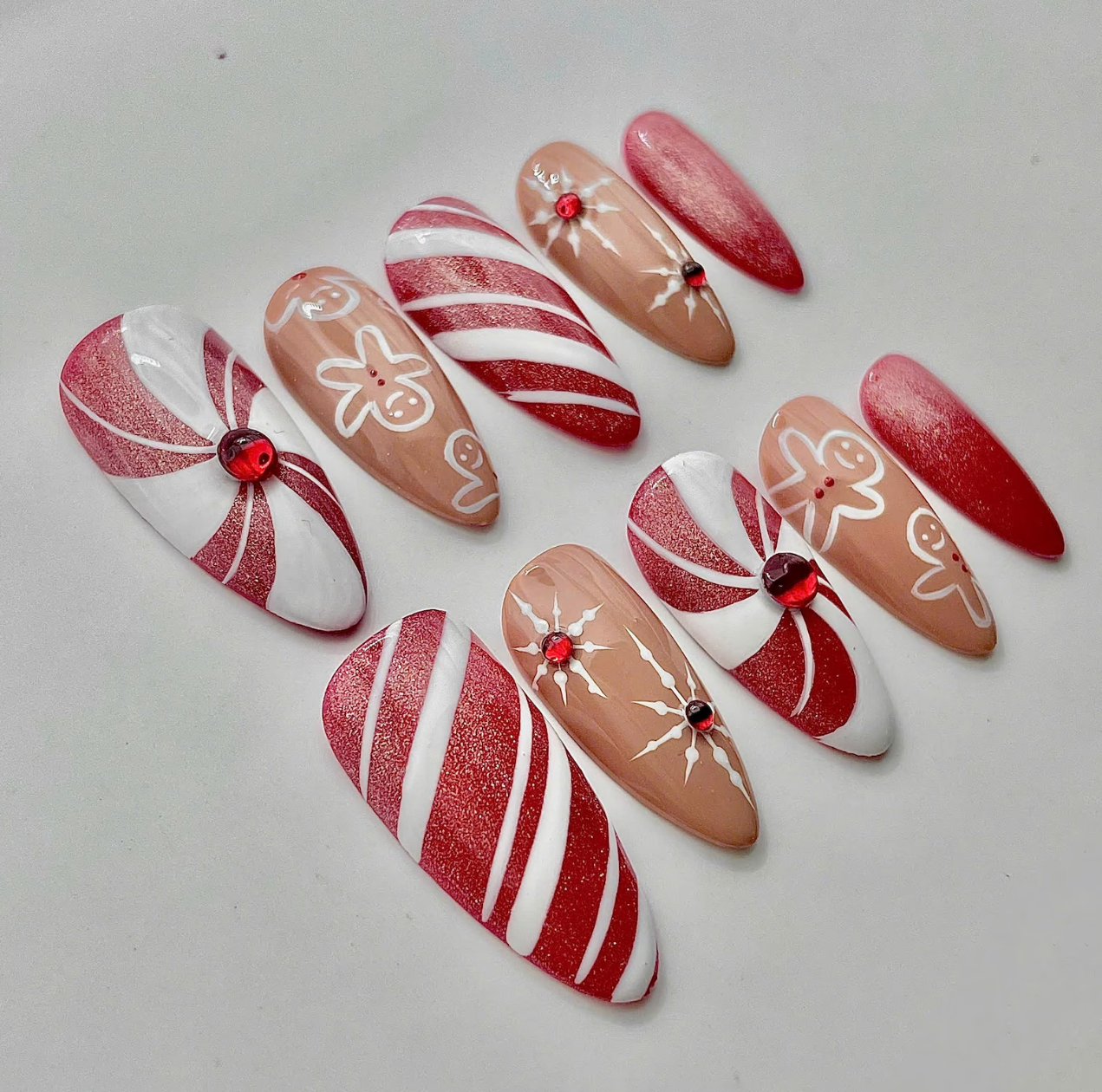 (Handmade) 10pcs/Set Christmas Gingerbread Candy Cane Glitter Press On Nails