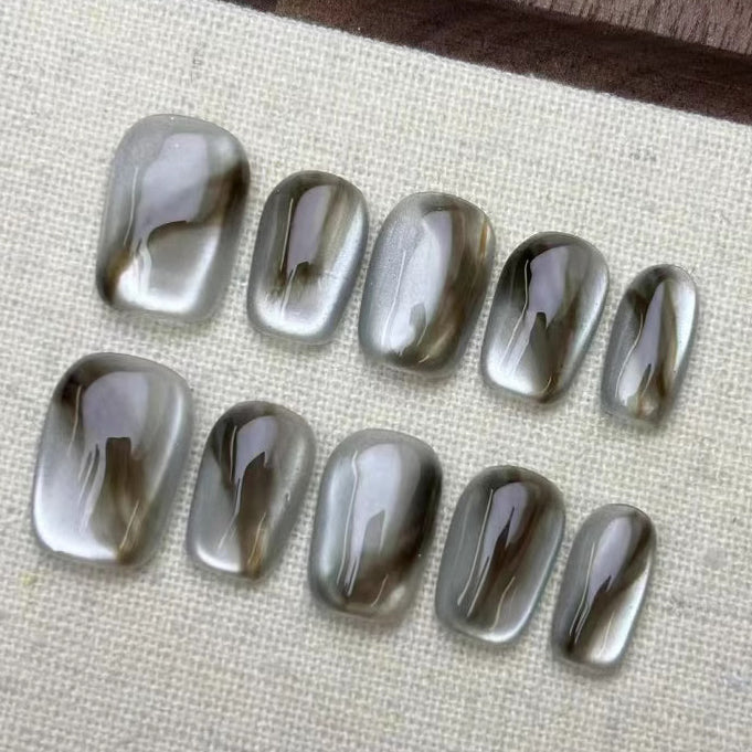 (Handmade) 10pcs/Set Gray Cat Eye Gradient Press-On Nails