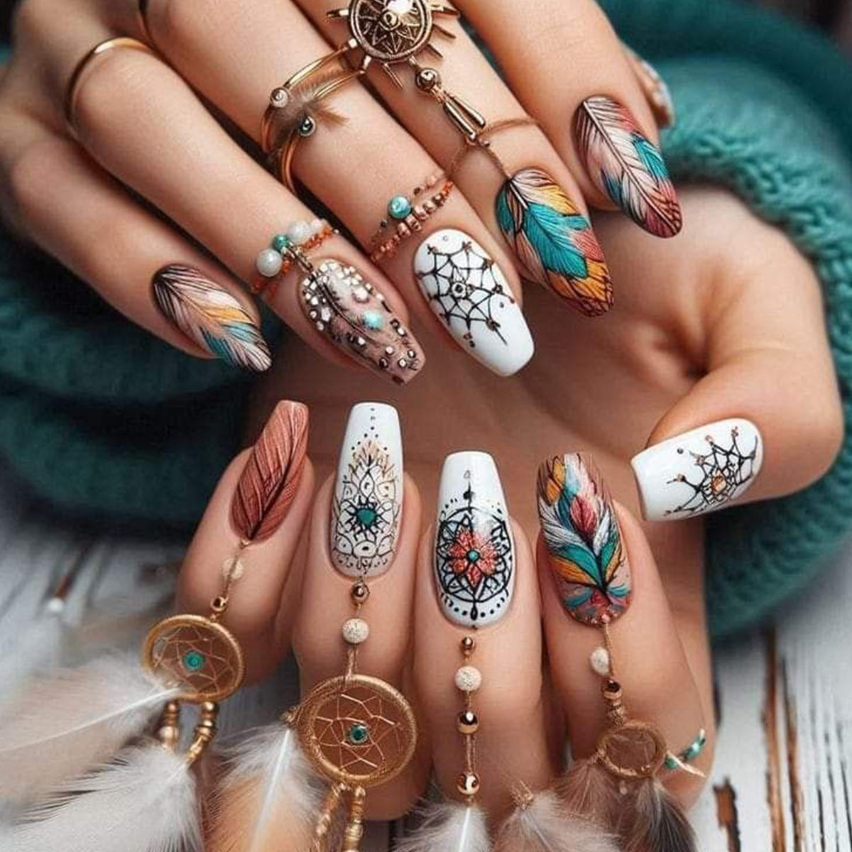 24pcs/Set Multicolor Feather Smudge Press-On Nails