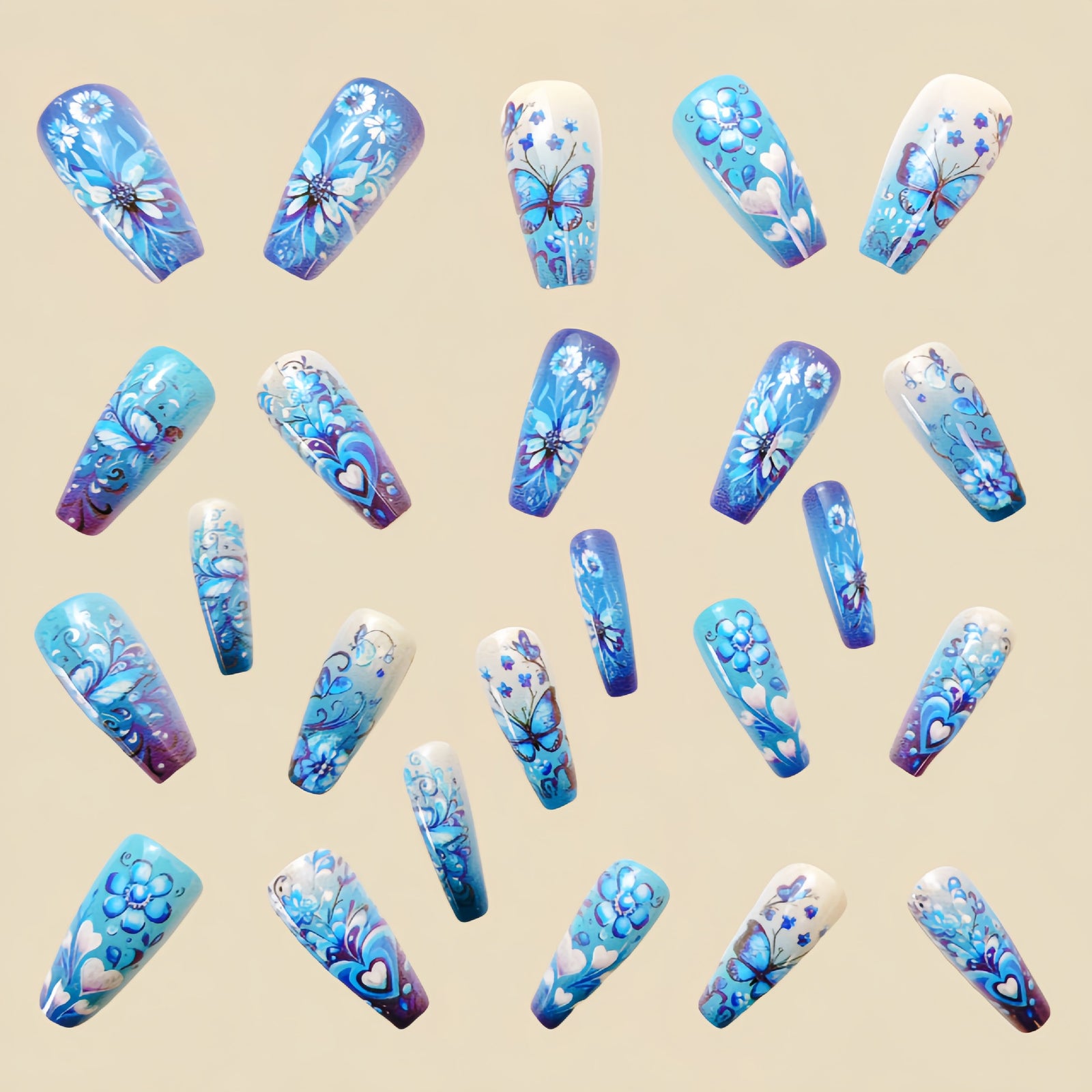 24pcs/Set Blue Butterfly Flower Press-On Nails