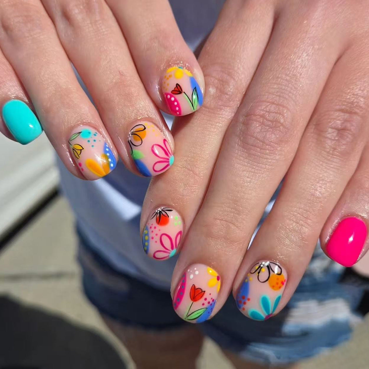 24pcs/Set Blue & Rose Red Color-Block Floral Press-On Nails