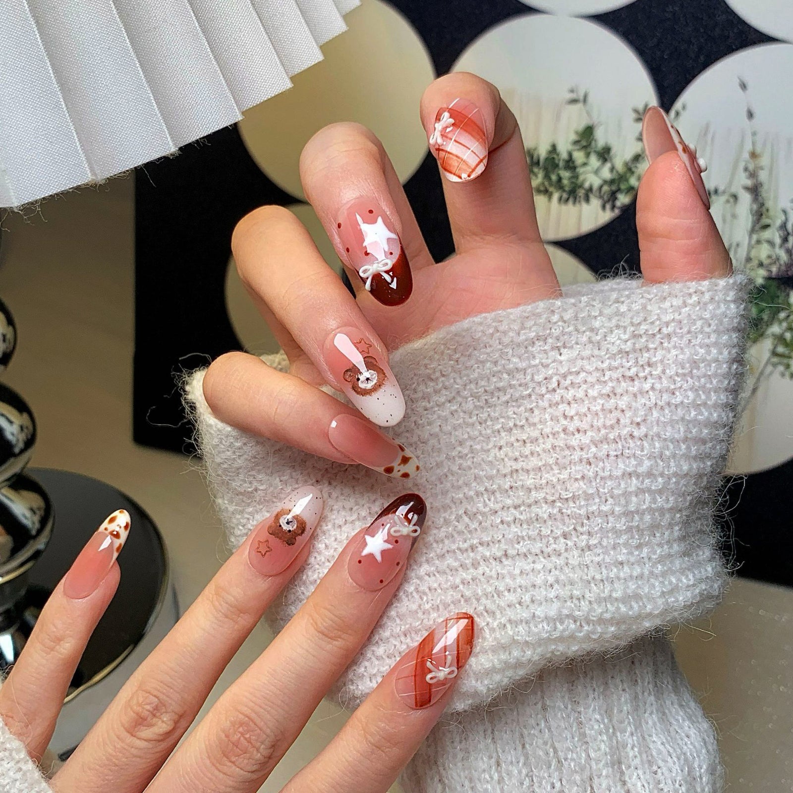 (Handmade) 10pcs/Set French Nails with Bow & Teddy Bear Press-On Nails