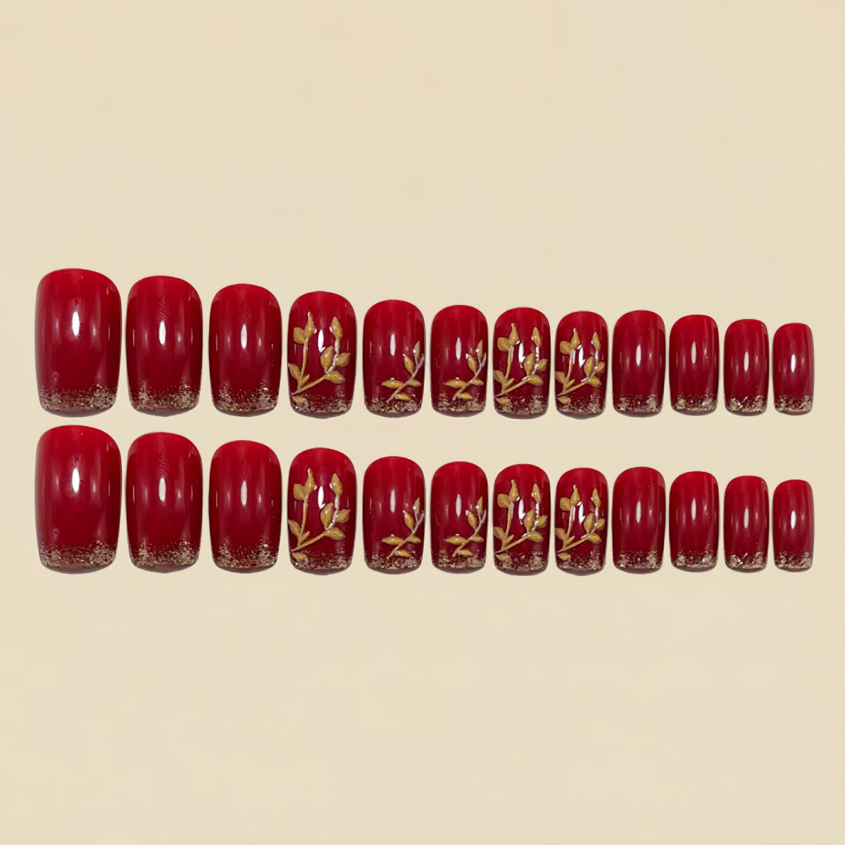 24pcs/Set Red Glitter Branches and Leaves Press-On Nails