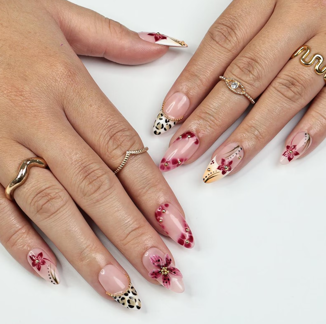 (Handmade) 10pcs/Set Pink Flower Shell Leopard Press-On Nails
