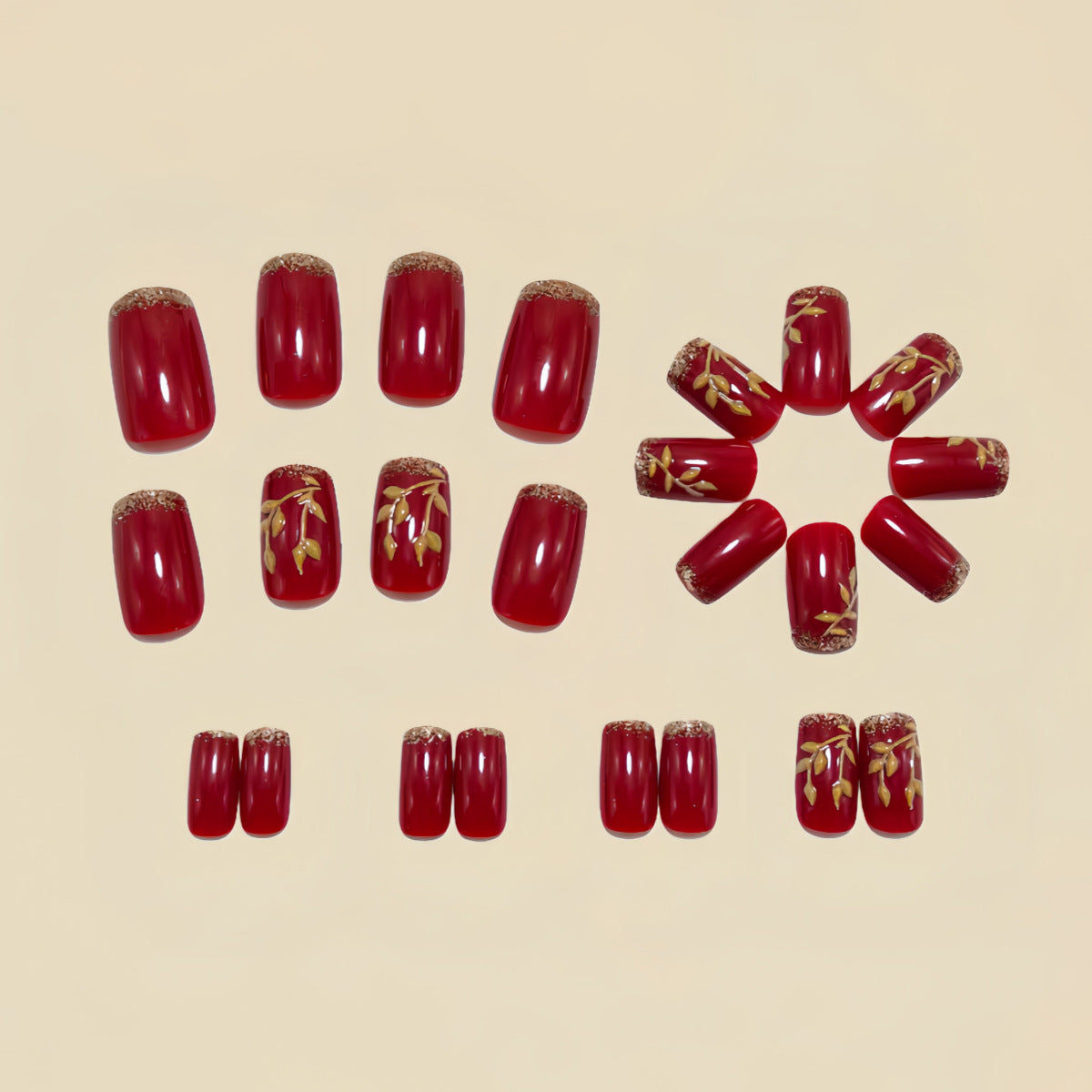 24pcs/Set Red Glitter Branches and Leaves Press-On Nails