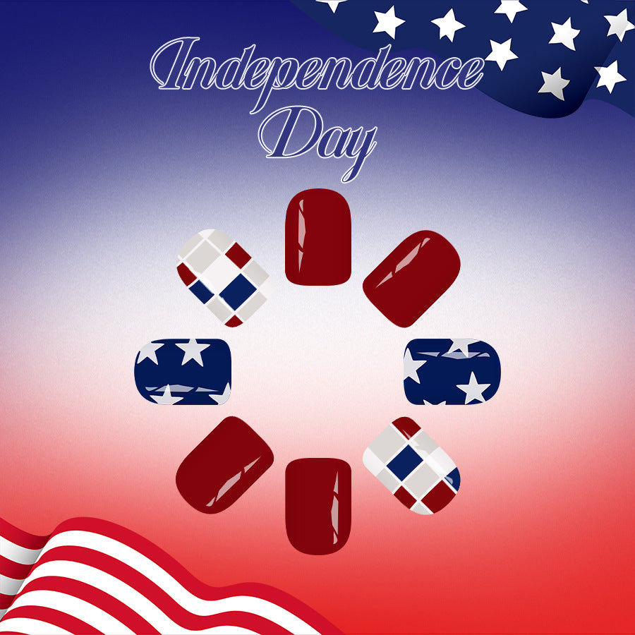 24pcs/Set Red & Blue Color-Block Star Plaid Press-On Nails