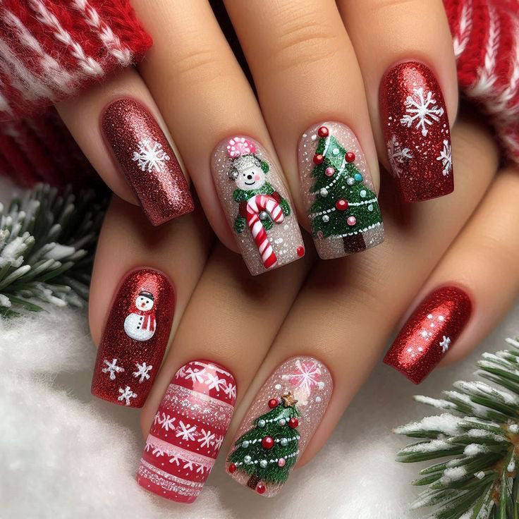 24pcs/Set Snowman Christmas Tree Snowflakes Press-On Nails
