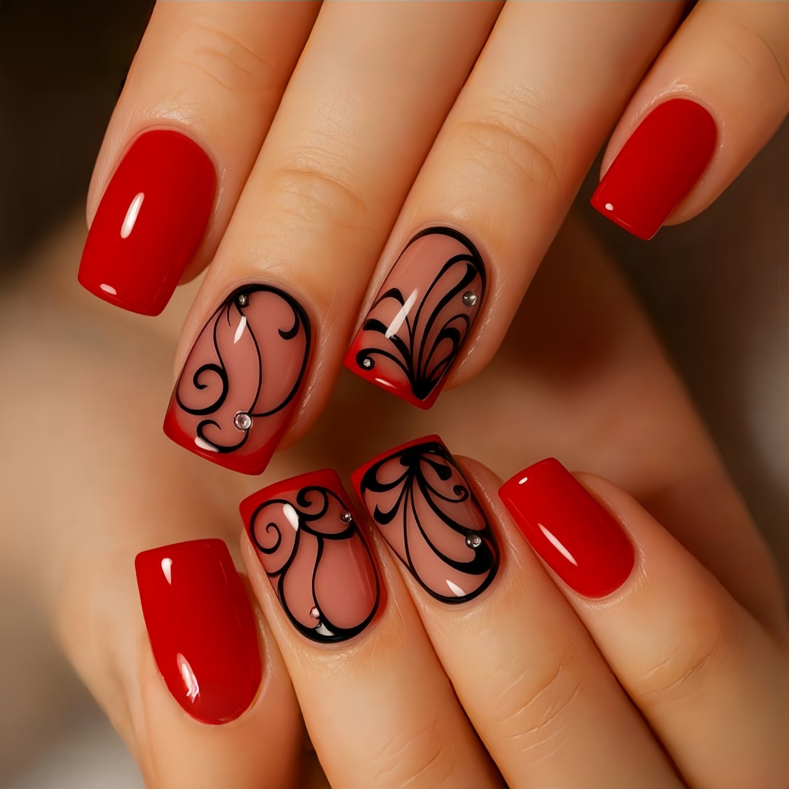 24pcs/Set Black Flower Rhinestone Line Short Press-On Nails