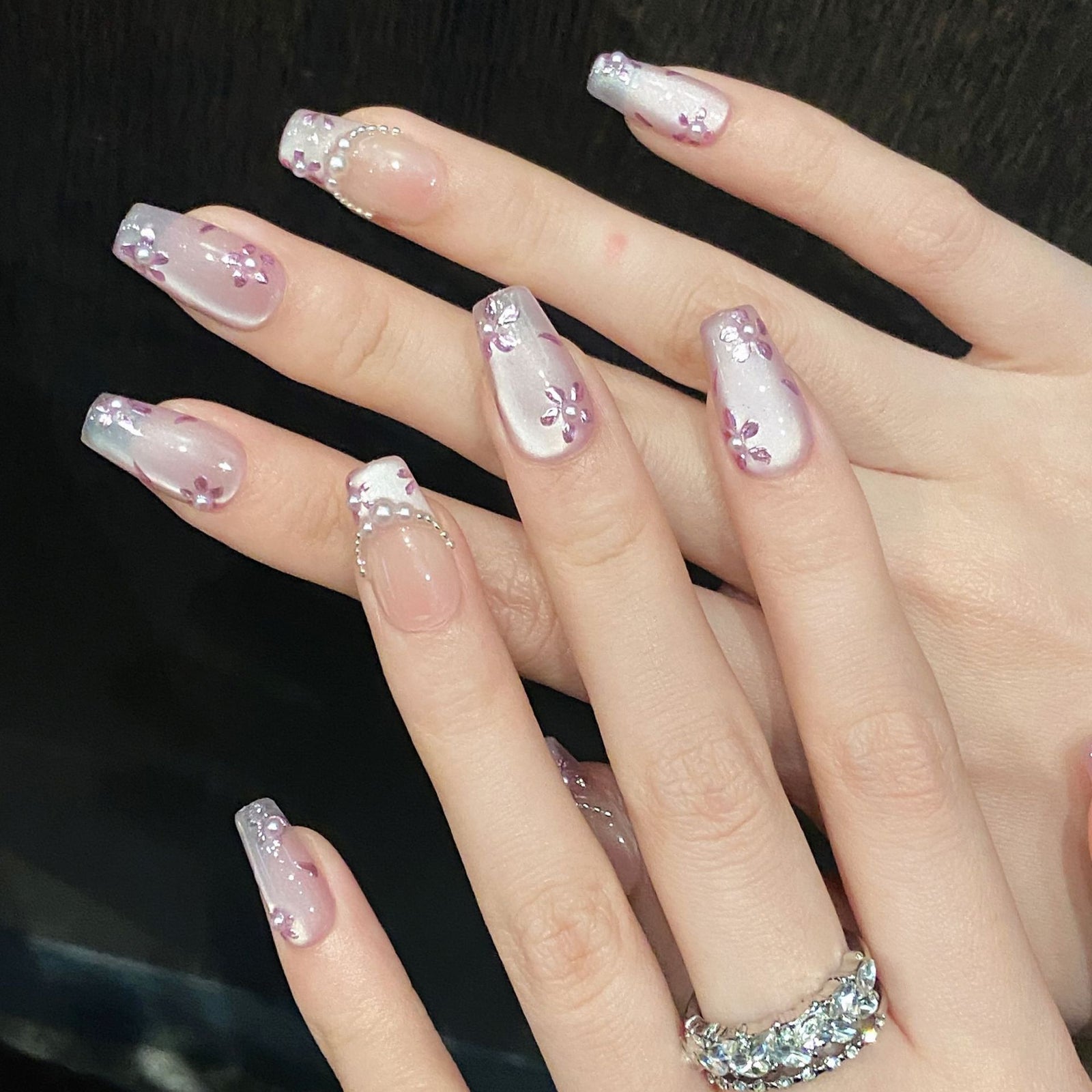 (Handmade) 10pcs/Set Purple Hand-Painted Flower Cat Eye Press-On Nails